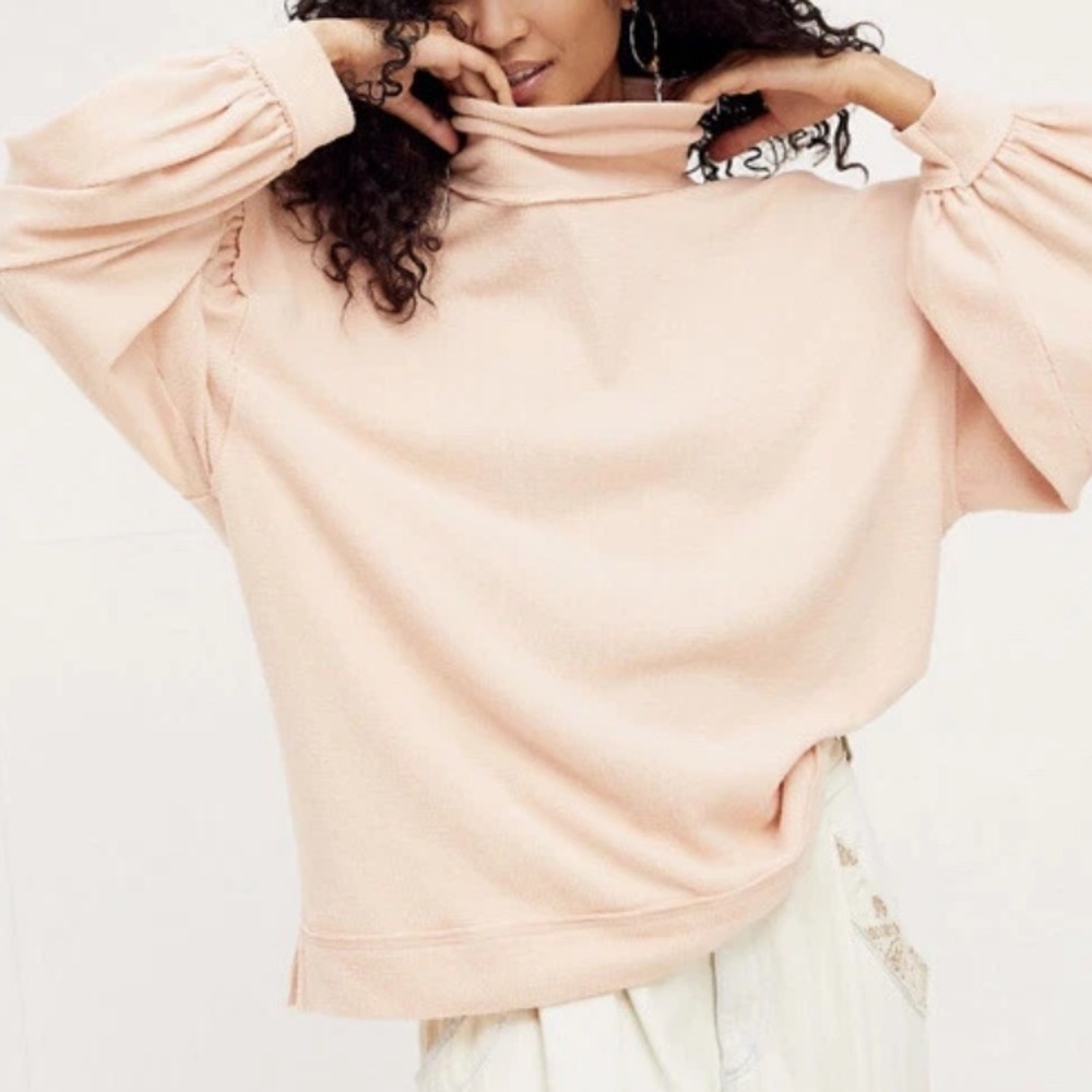 Free People Winnie Turtle Neck Cutouts Back Ribbed Tunic Top Pink oversized med